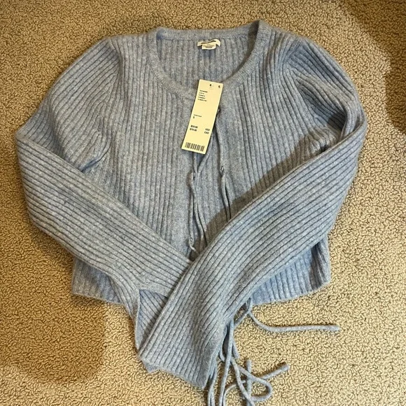 Light Blue Ribbed Tie-Front Sweater - Picture 3 of 3